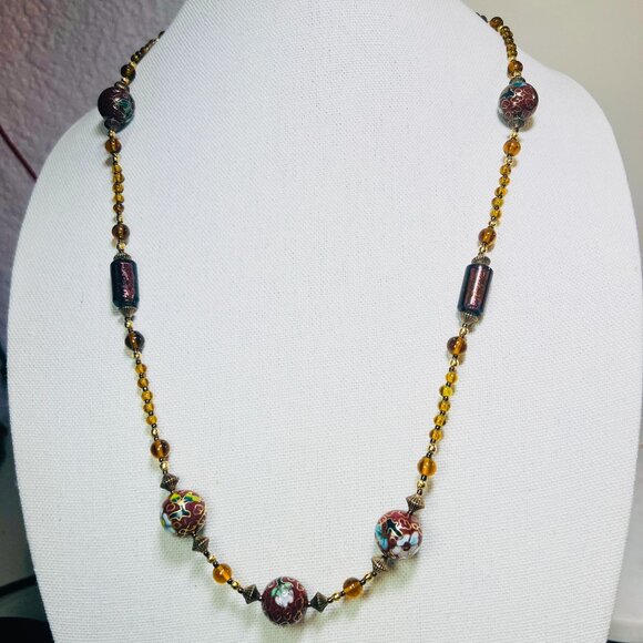 Vtg Artisan Cloisonné Beaded Necklace Amethyst Glass Toggle Clasp Cherry Blossom - Picture 1 of 10